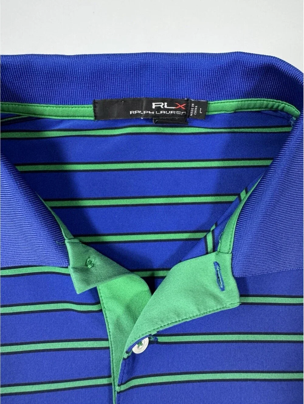 RLX Ralph Lauren Golf Polo Shirt L Blue Green Stripe The Dominion Stretch